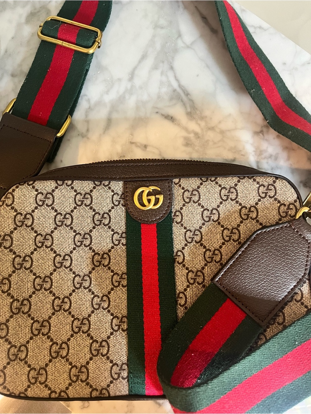Faux GG Supreme Canvas Crossbody with Green-Red Stripe